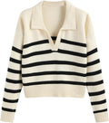 CIDER Womens Polo Sweater Striped Collared Lightweight V Neck Pullover