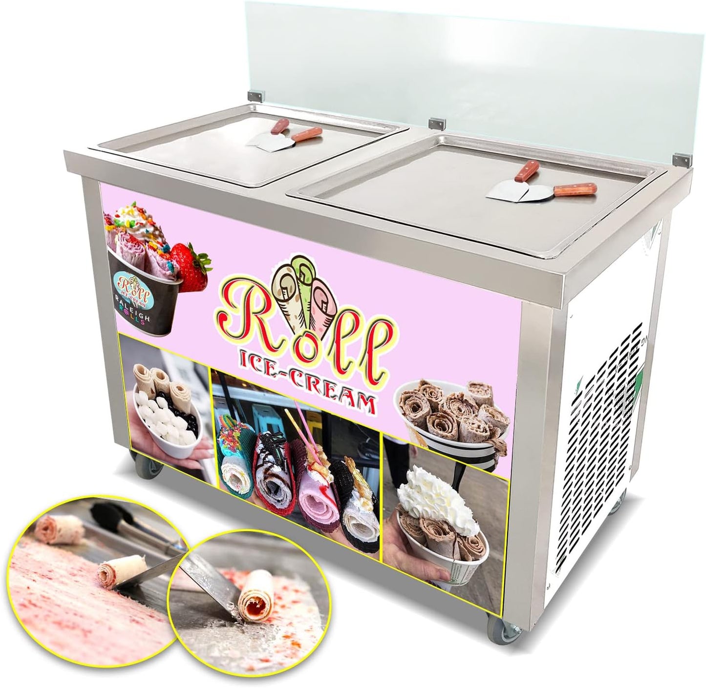 Kolice Double Square Pans Ice Cream Roll Machine - Auto Defrost & Sneeze Guard