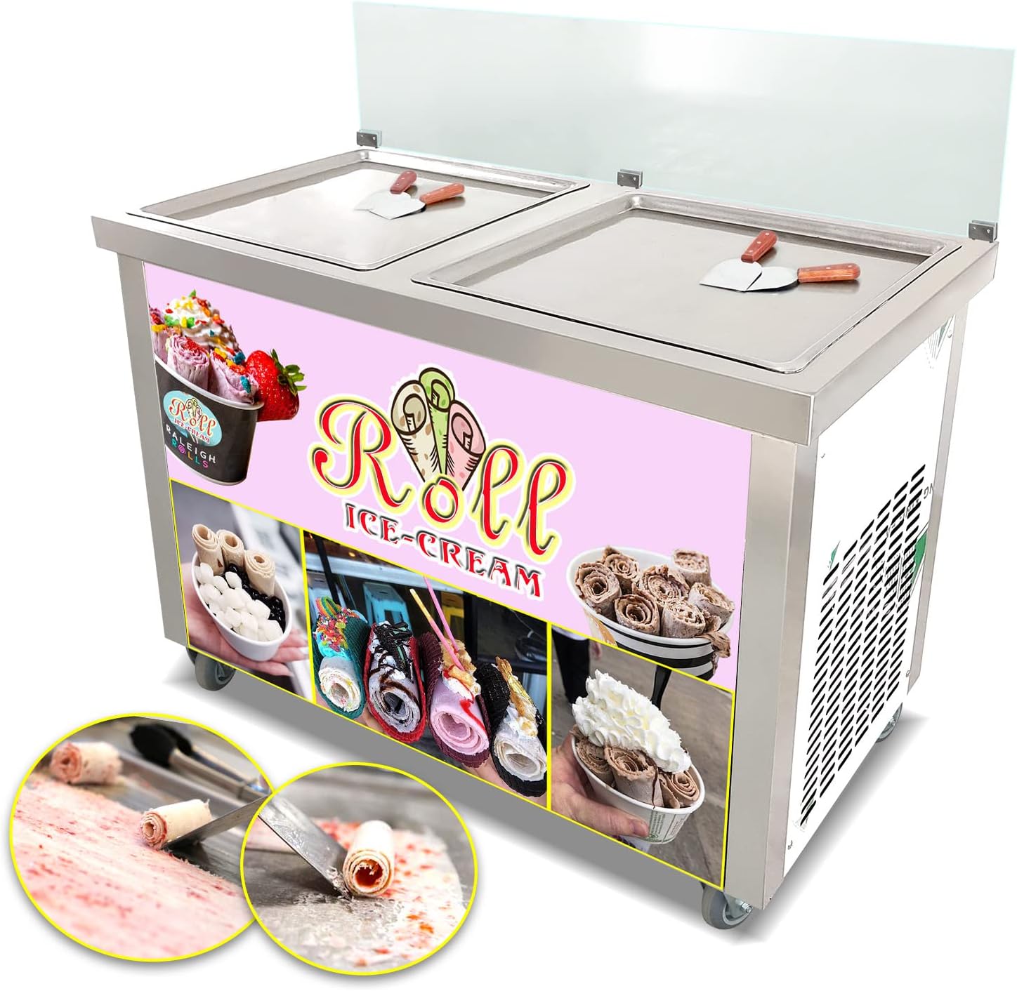 Kolice Double Square Pans Ice Cream Roll Machine - Auto Defrost & Sneeze Guard