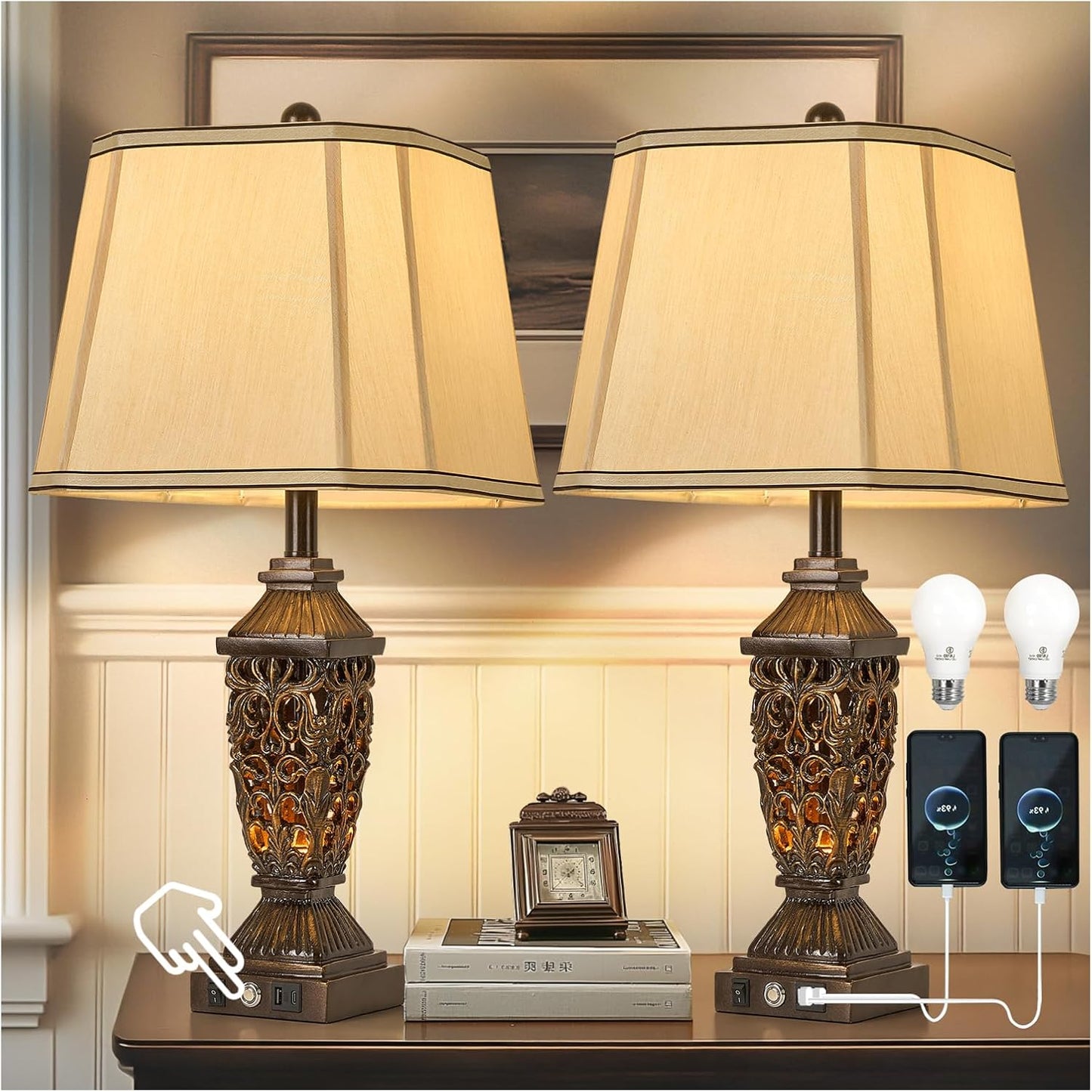 Vintage Farmhouse Table Lamp with USB Charging Ports and Dimming