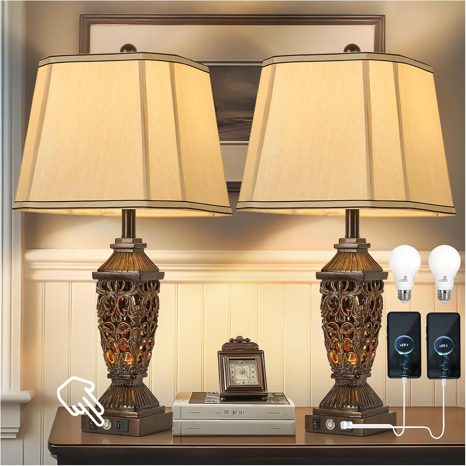 Vintage Farmhouse Table Lamp with USB Charging Ports and Dimming