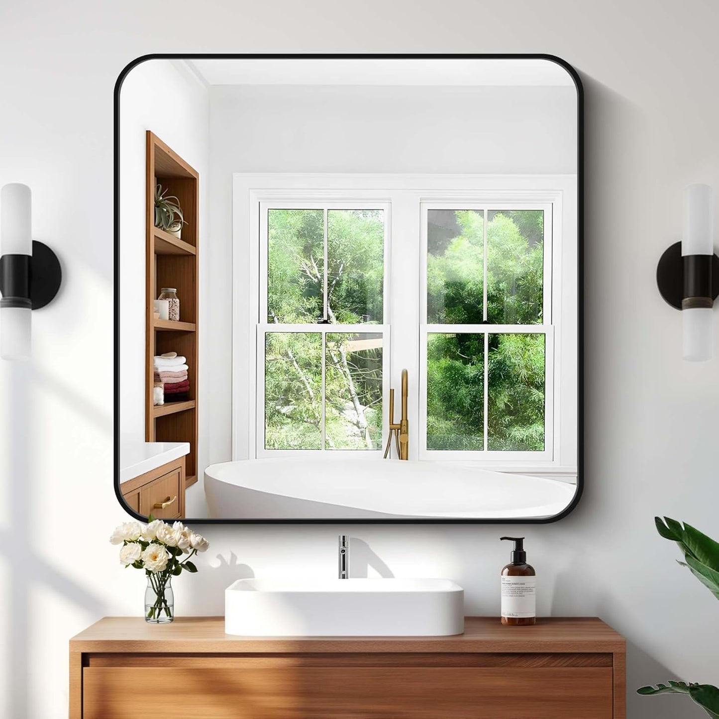 Large Black Square Bathroom Mirror with Rounded Corners Design