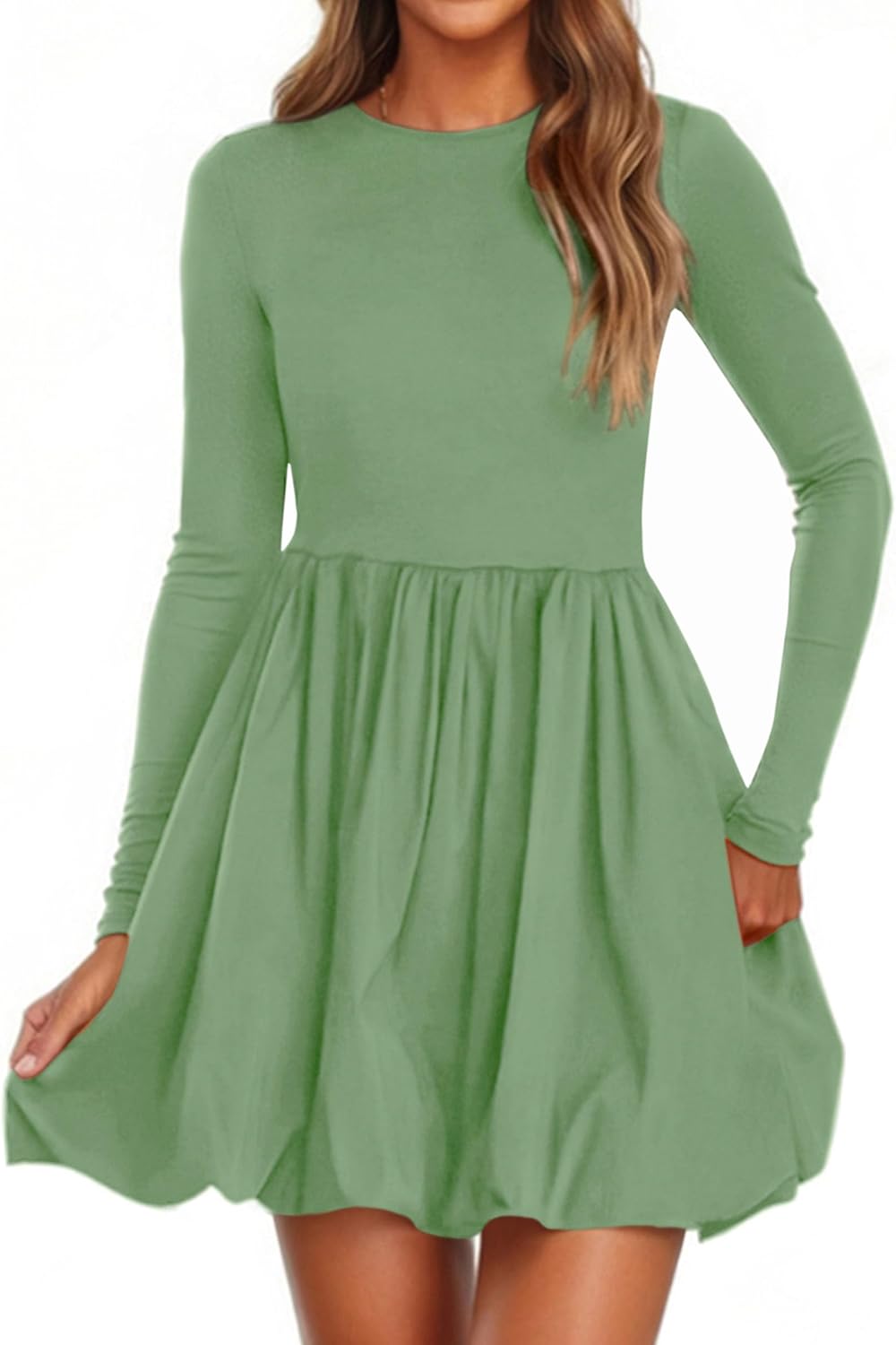 Casual Long Sleeve Bubble Mini Dress with Pockets for Women