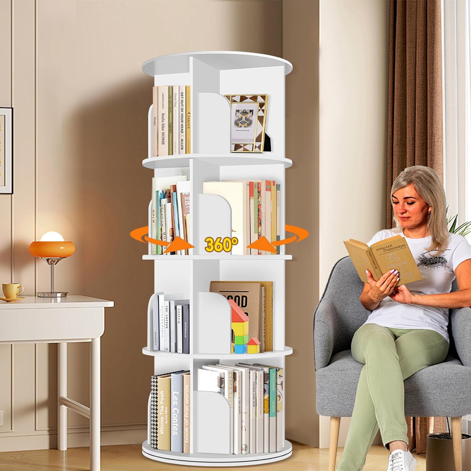 4 Tier Rotating Bookshelf Tower for Space-Saving Storage