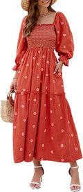 Women Floral Embroidered Maxi Dress Long Puff Sleeve Square Neck 3D