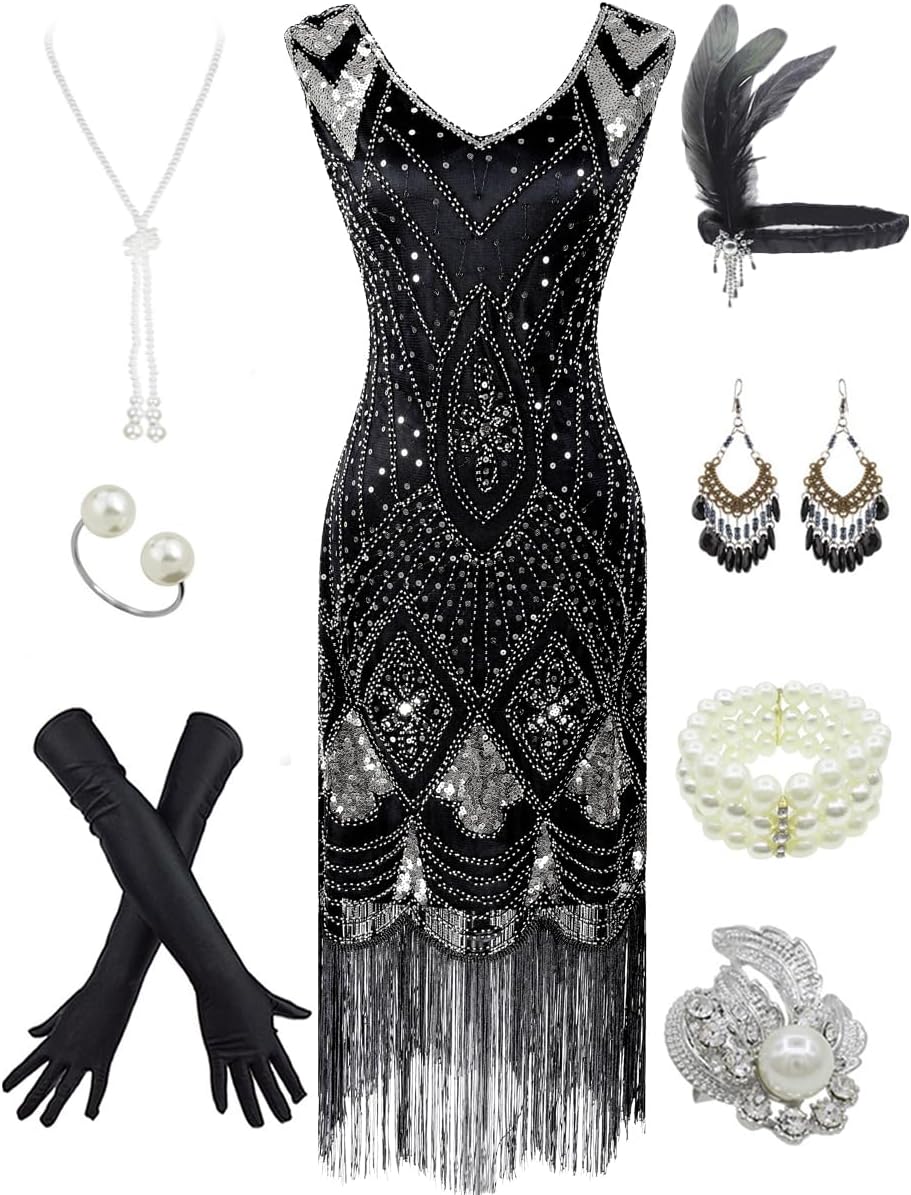 1920s Gatsby Inspired Flapper Dress with Accessories Set