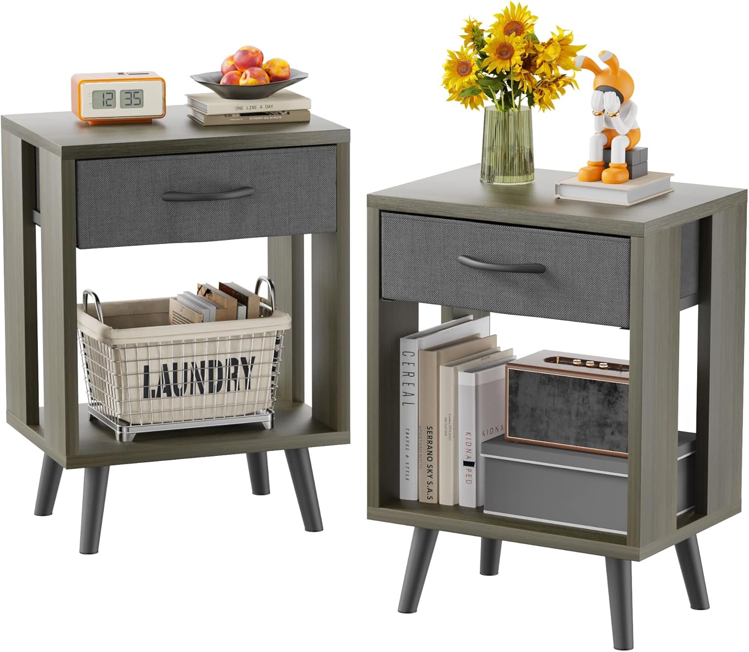Nightstands Set of 2 with Black Fabric Storage Drawer and Open Shelf