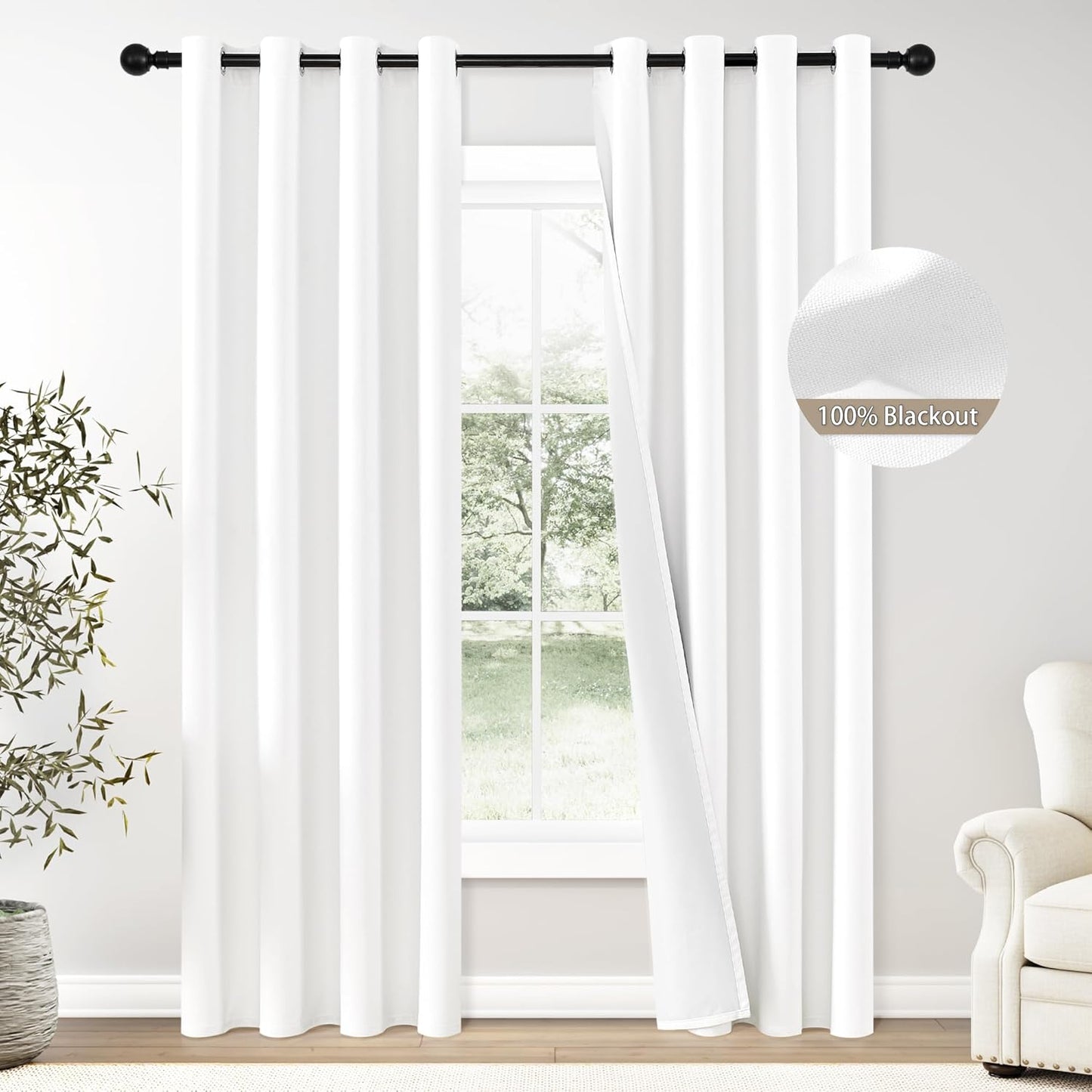 100% Blackout Pure White Solid Curtains for Bedroom and Living Room