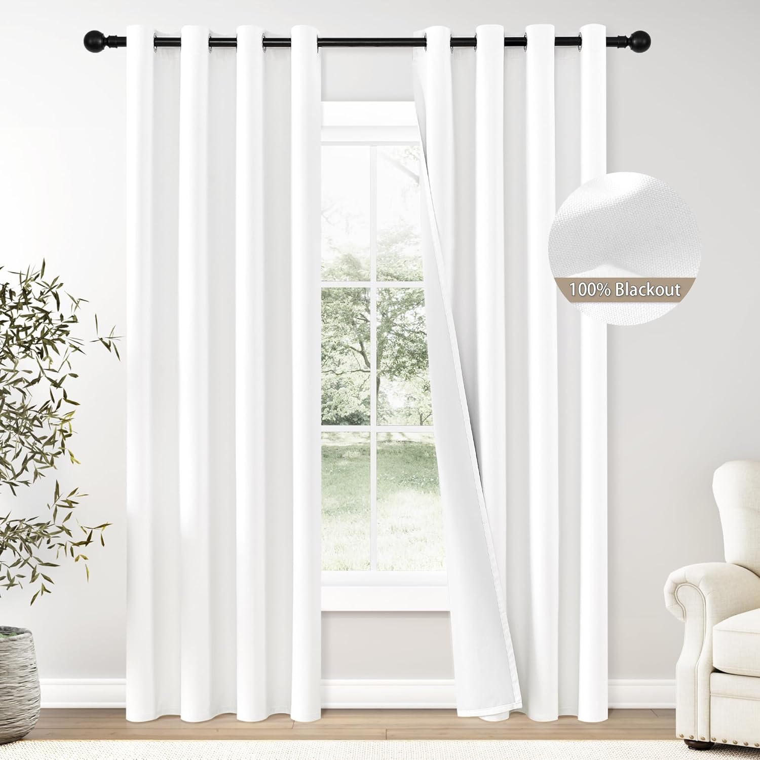 100% Blackout Pure White Solid Curtains for Bedroom and Living Room