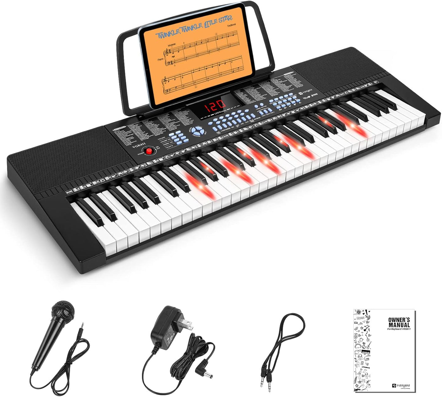 Vangoa 61-Key Light-Up Keyboard: 350 Tones, 3 Teaching Modes, With Mic