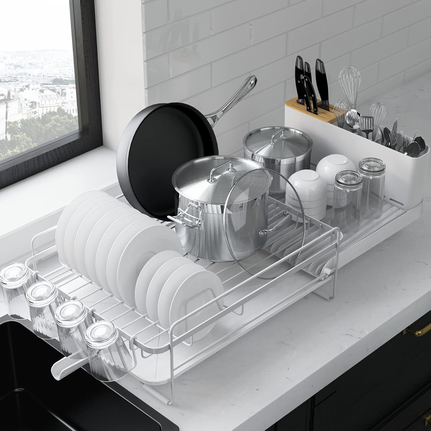 Kitsure Large Dish Drying Rack - Extendable Kitchen Dish Rack