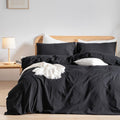 Duvet Cover Set King Deep Black 100% Washed Cotton - Soft Linen Feel