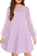 Arshiner Girl's Contrast Mesh Puff Long Sleeve Dress with Pockets