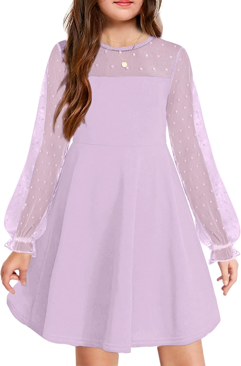 Arshiner Girl's Contrast Mesh Puff Long Sleeve Dress with Pockets