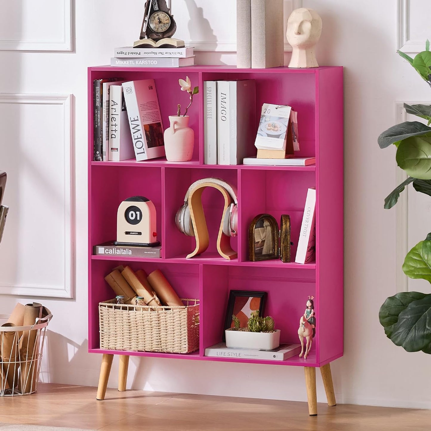 LEYAOYAO 7 Cube Bookshelf: Stylish Pink Modern Storage Solution
