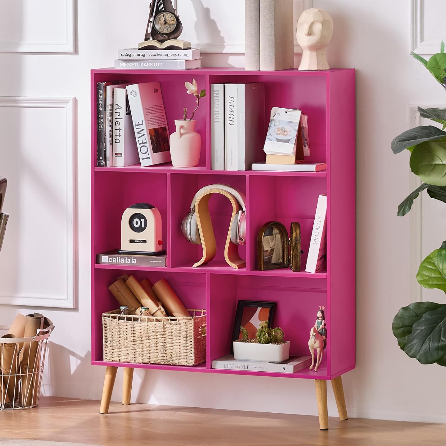 LEYAOYAO 7 Cube Bookshelf: Stylish Pink Modern Storage Solution