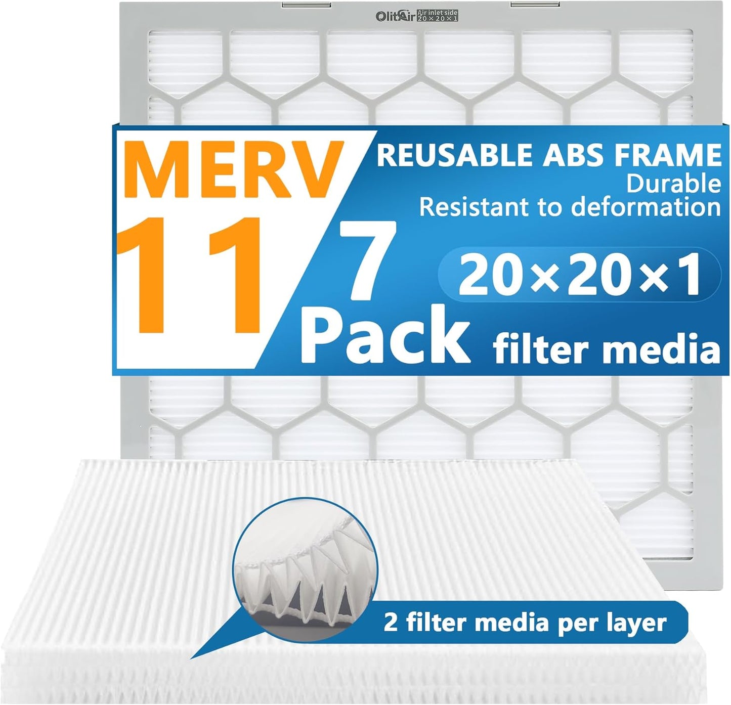 20x20x1 MERV 11 Air Filter with Reusable ABS Frame - 7 Pack