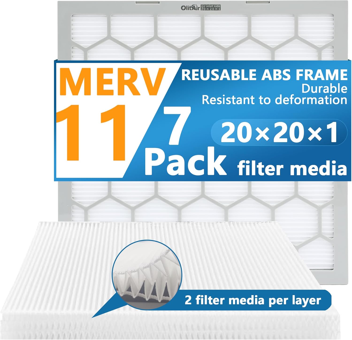 20x20x1 MERV 11 Air Filter with Reusable ABS Frame - 7 Pack