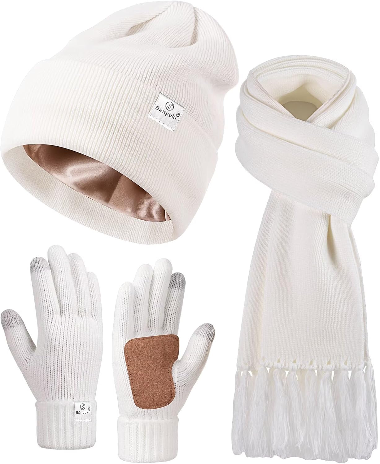 Womens Satin Lined Beanie Scarf Gloves Set for Winter Fashion