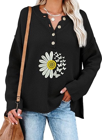 SHEWIN Women's Waffle Knit V Neck Sweater for Casual Style
