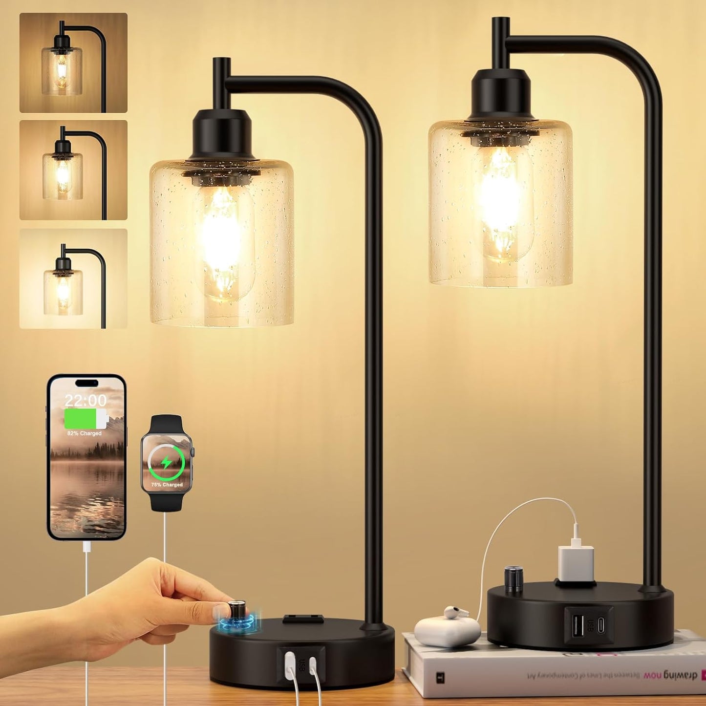 Industrial Table Lamps for Bedrooms Set of 2 with Dimming Feature