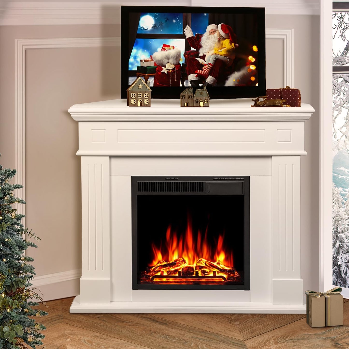 R.W.FLAME Corner Electric Fireplace: Stylish Pearl White