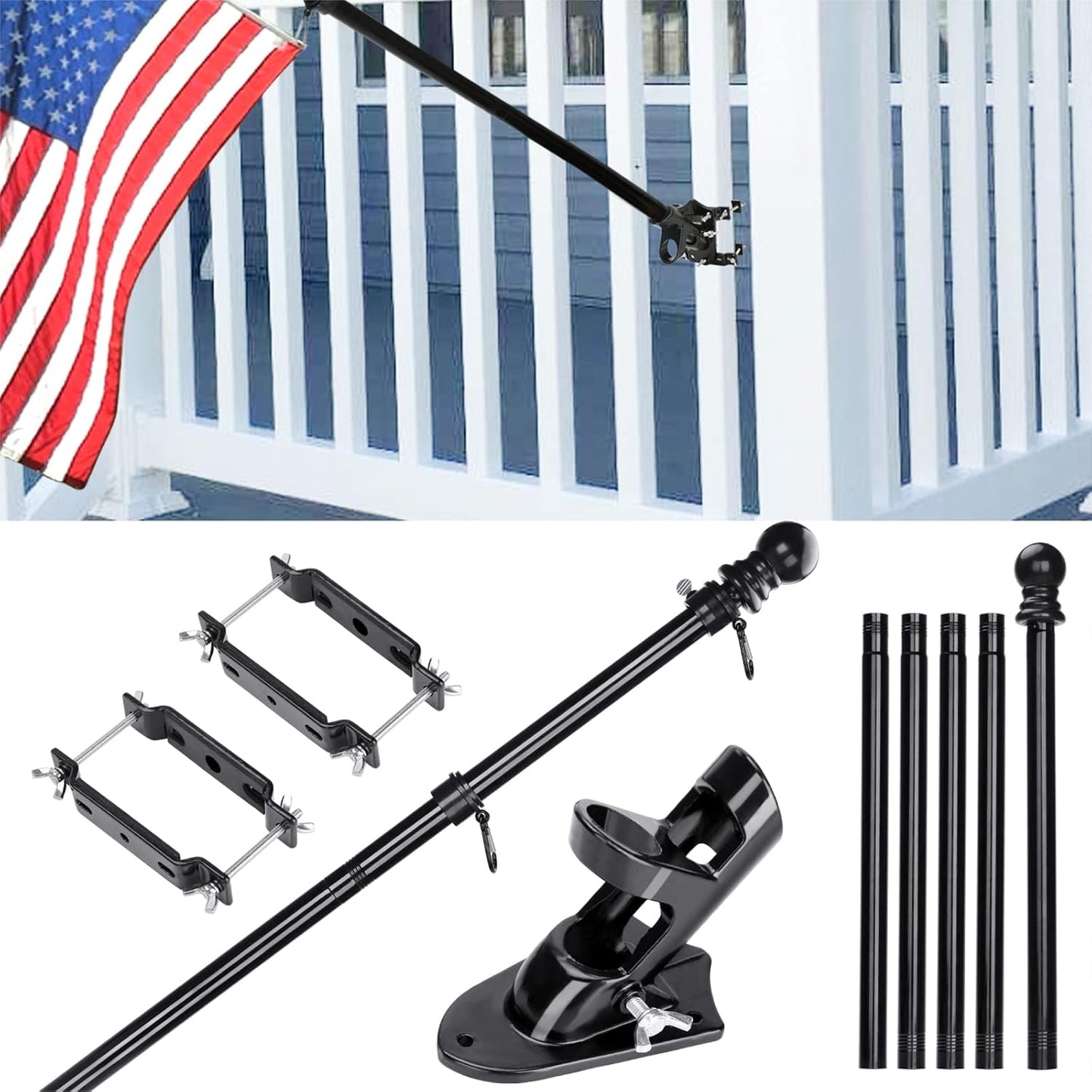 6FT Railing Flag Pole Kit - Heavy Duty Metal Holder for Flags