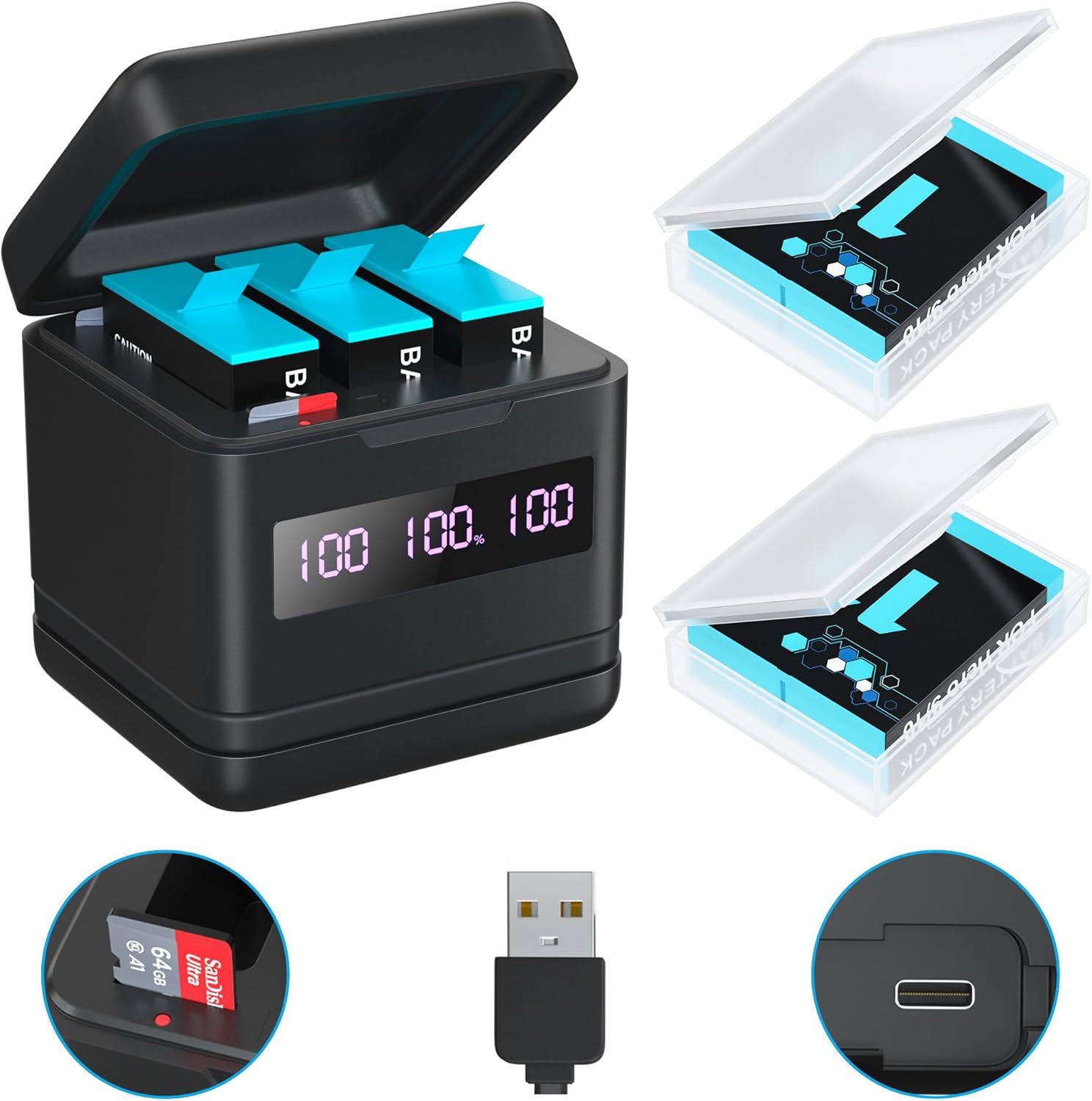 2 Pack 2000mAh Batteries for Hero 9/10/11/12 with Charger