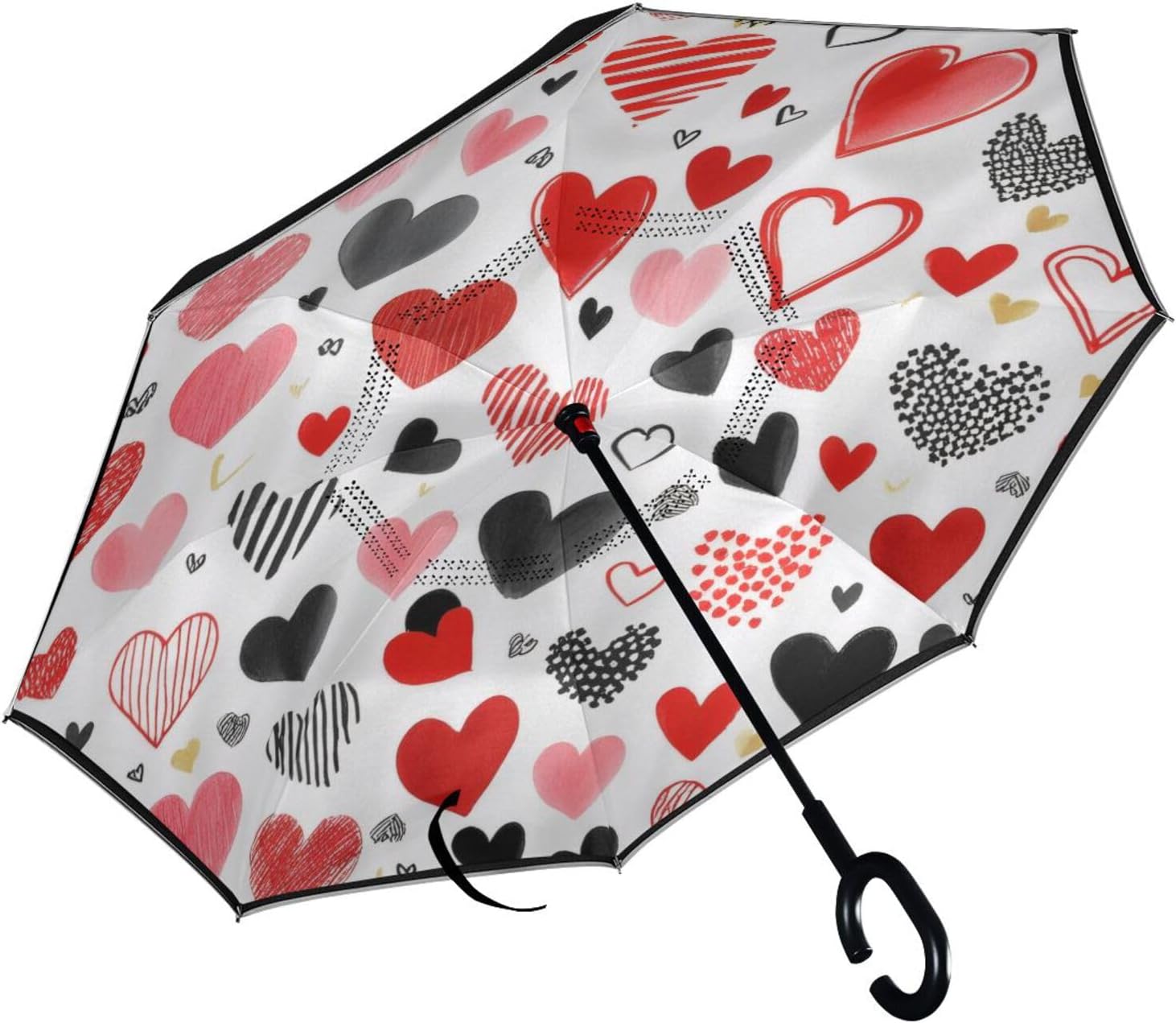FLildon Heart Print Oversize Inverted Umbrella: Windproof & Reflective