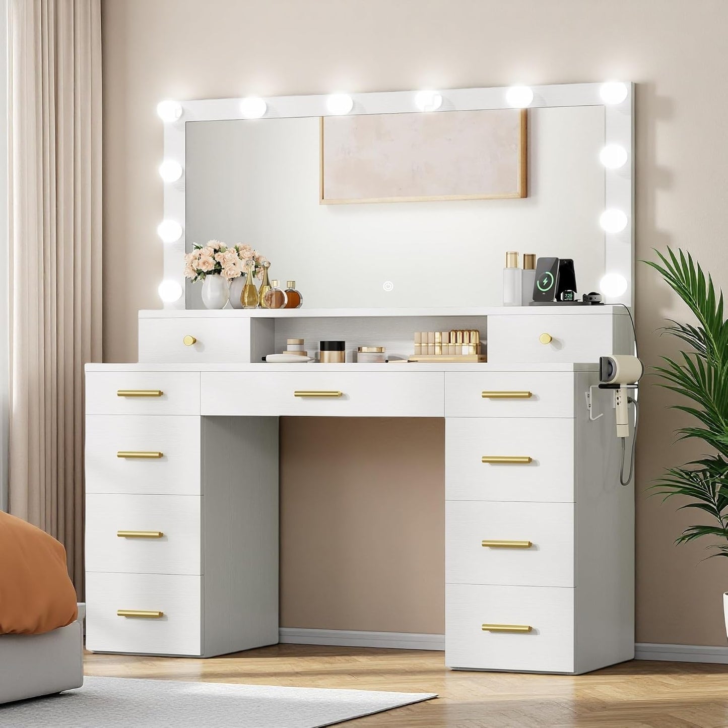 YITAHOME Large Vanity Desk with Mirror and Lights for Glam