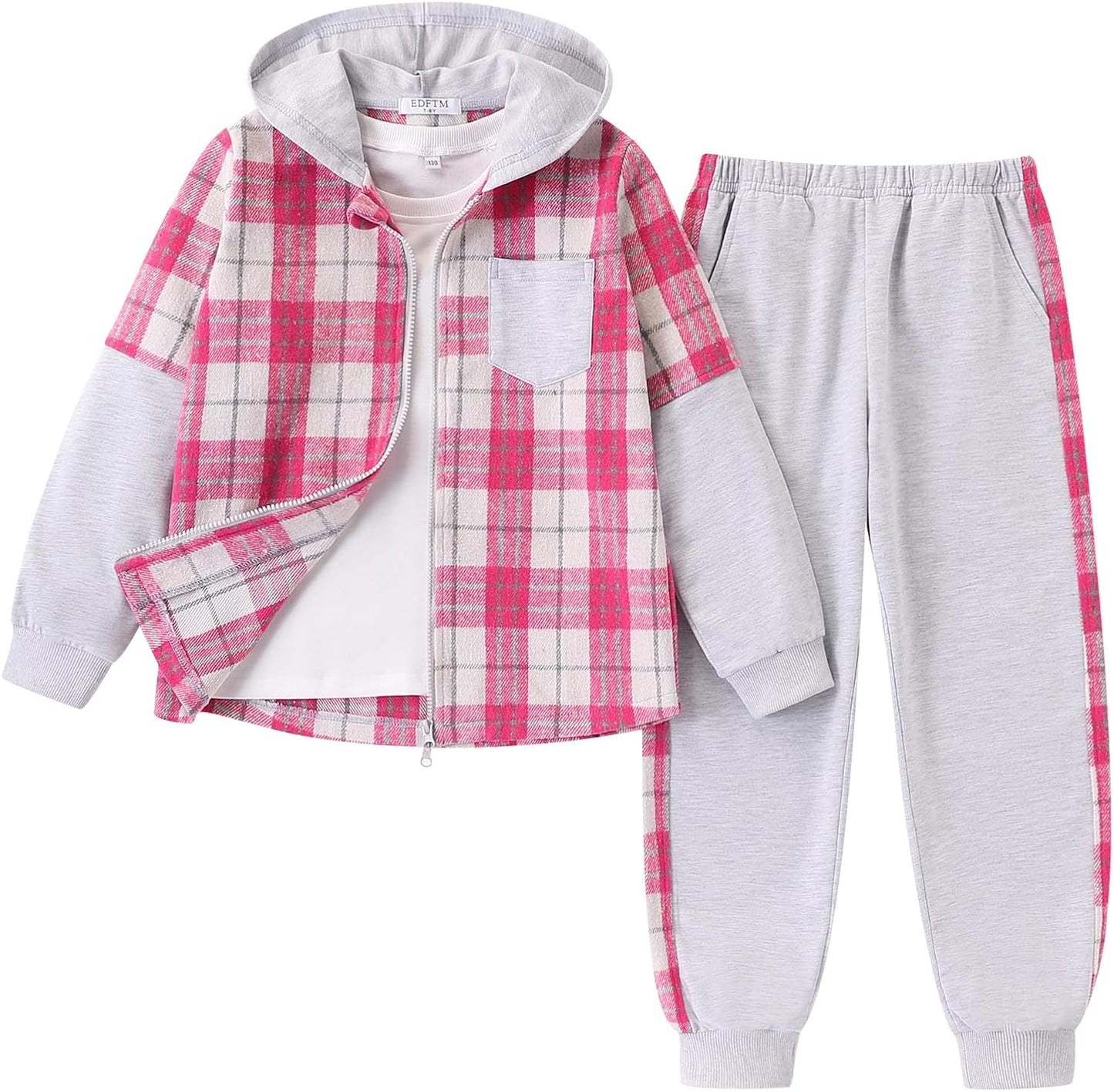 2Pcs Girls Clothes Zip Up Plaid Flannel Hoodie and Joggers
