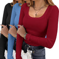 Ekouaer Womens 3 Pack Long Sleeve Ribbed Square Neck Tops