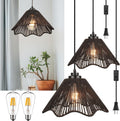 Rattan Plug in Pendant Light Set of 2 - Boho Hanging Lights with Bulbs