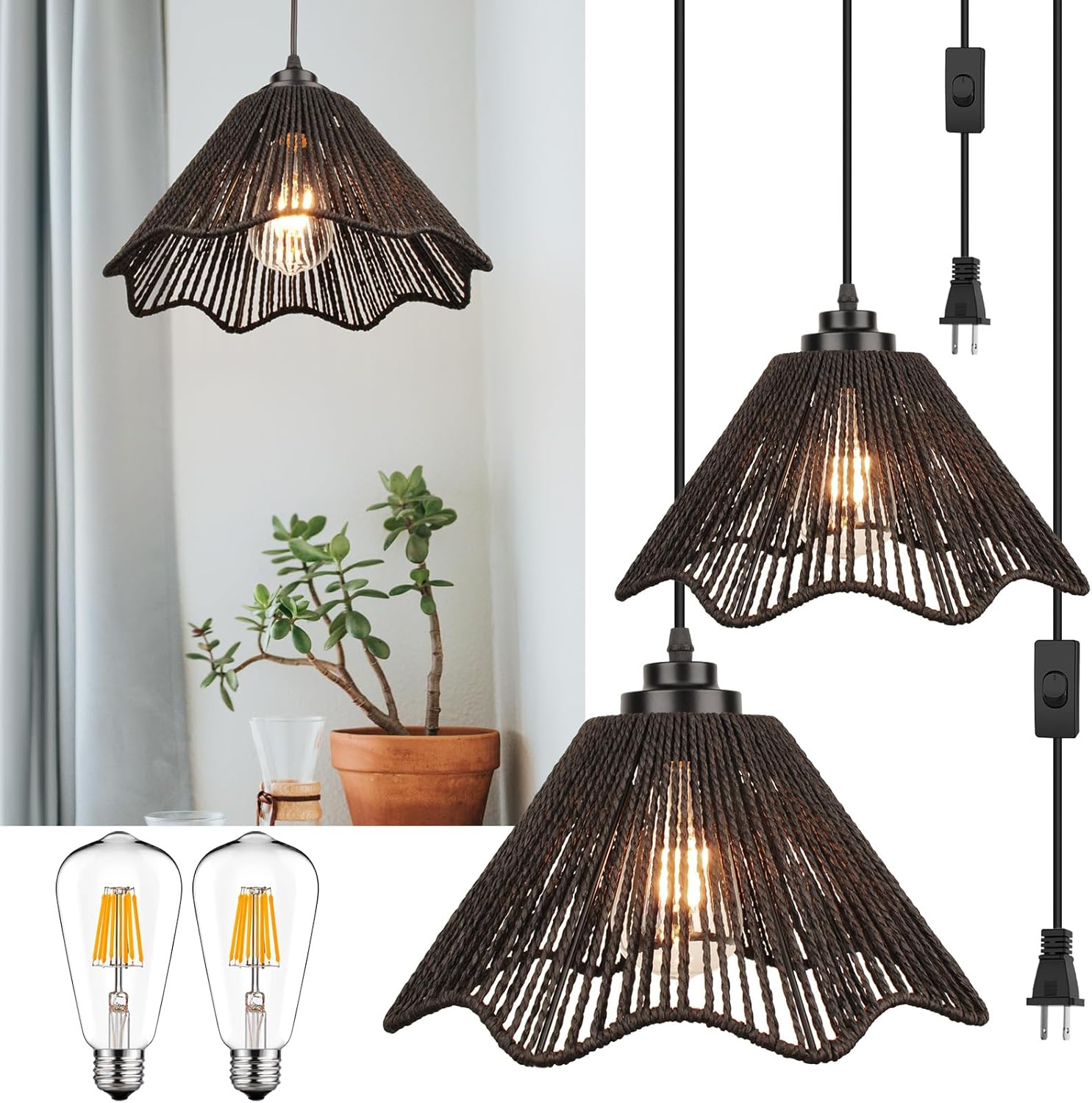 Rattan Plug in Pendant Light Set of 2 with Bulbs Included
