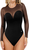 Long Sleeve Body Suits Womens Tummy Control Mesh Bodysuit - Sheer Fall