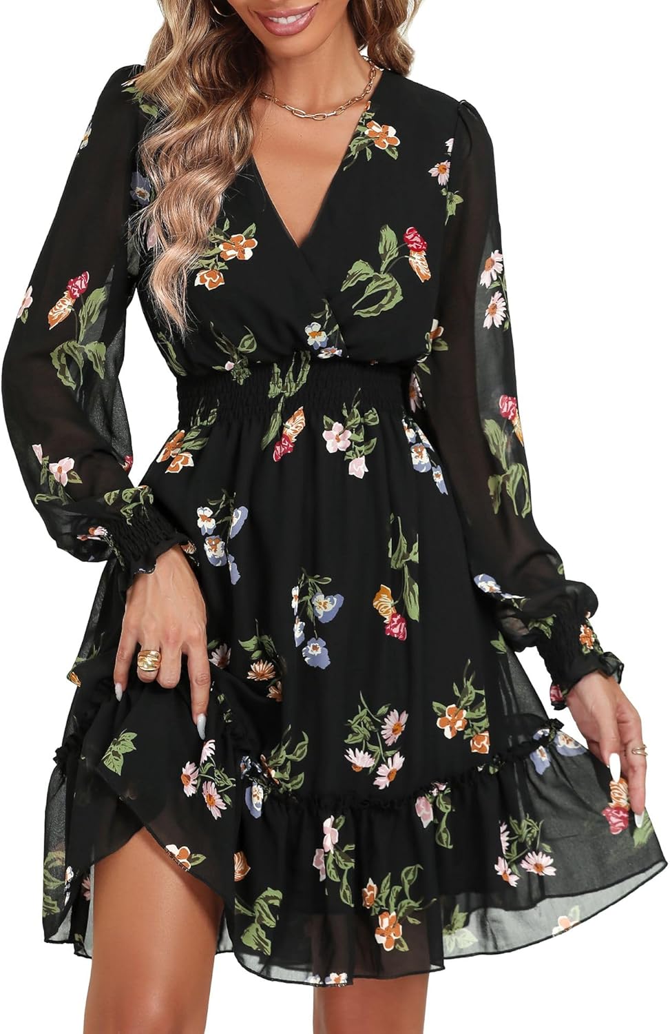 Prettywear Women's Floral Chiffon Long Sleeve Mini Dress Review