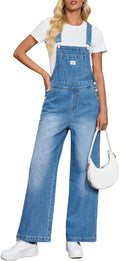 Women's Denim Bib Overalls Wide Leg Jumpsuit - Loose Fit with Pockets