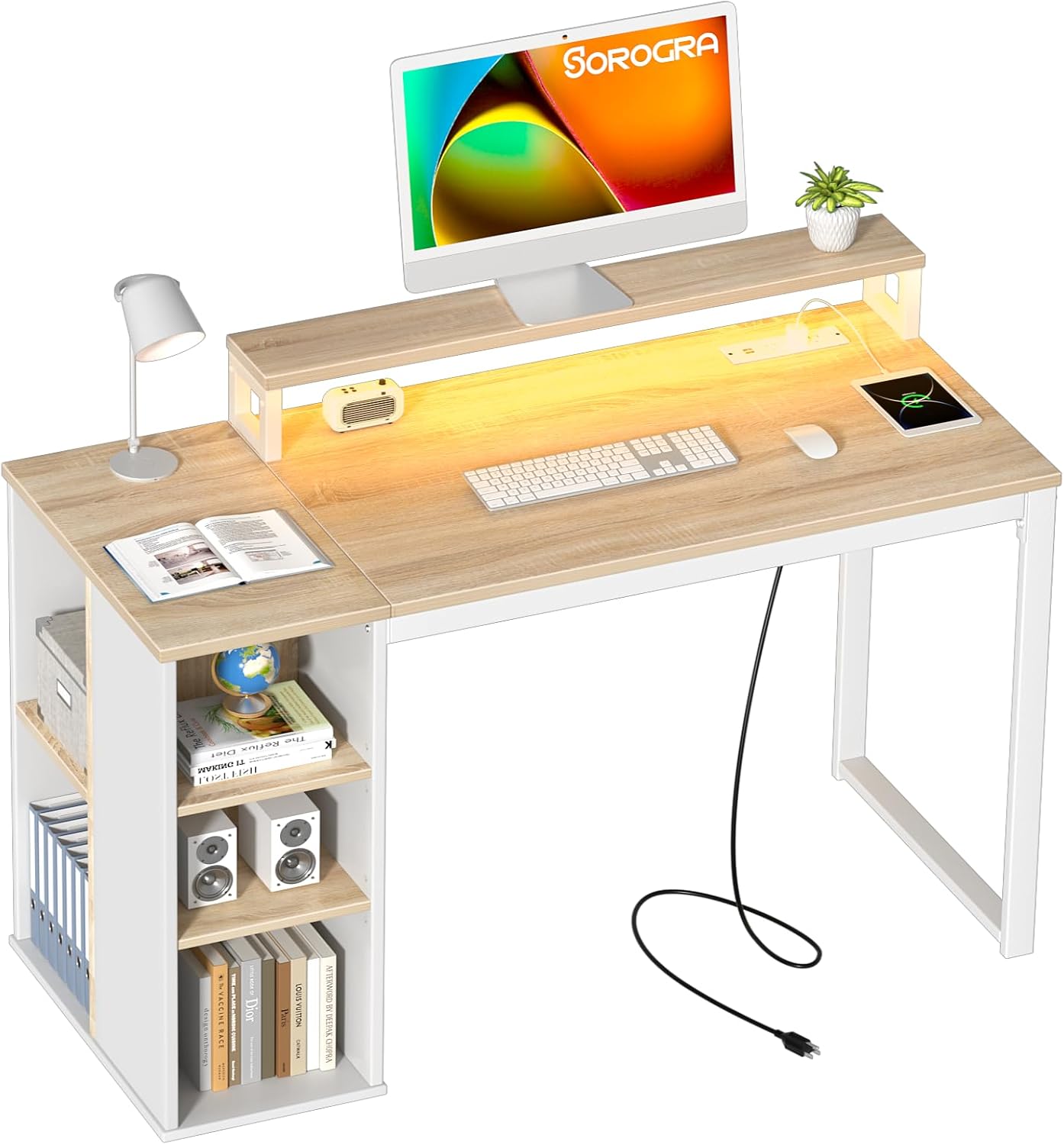 Compact Oak Desk with LED Lights & Power Outlets