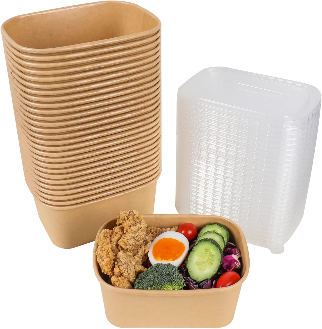 34 oz Disposable Kraft Paper Salad Bowls with Lids for Parties