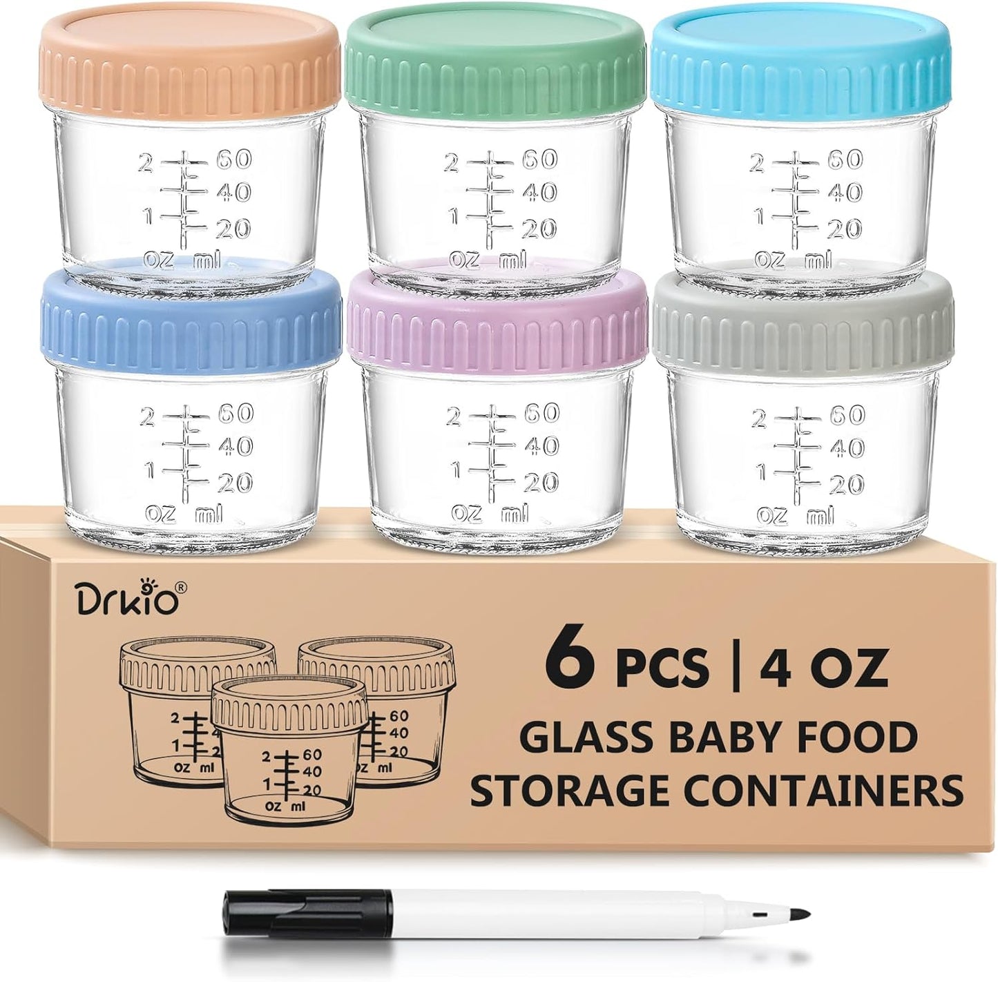 DRKIO 6 Pack Glass Baby Food Containers - 100% Leak Proof