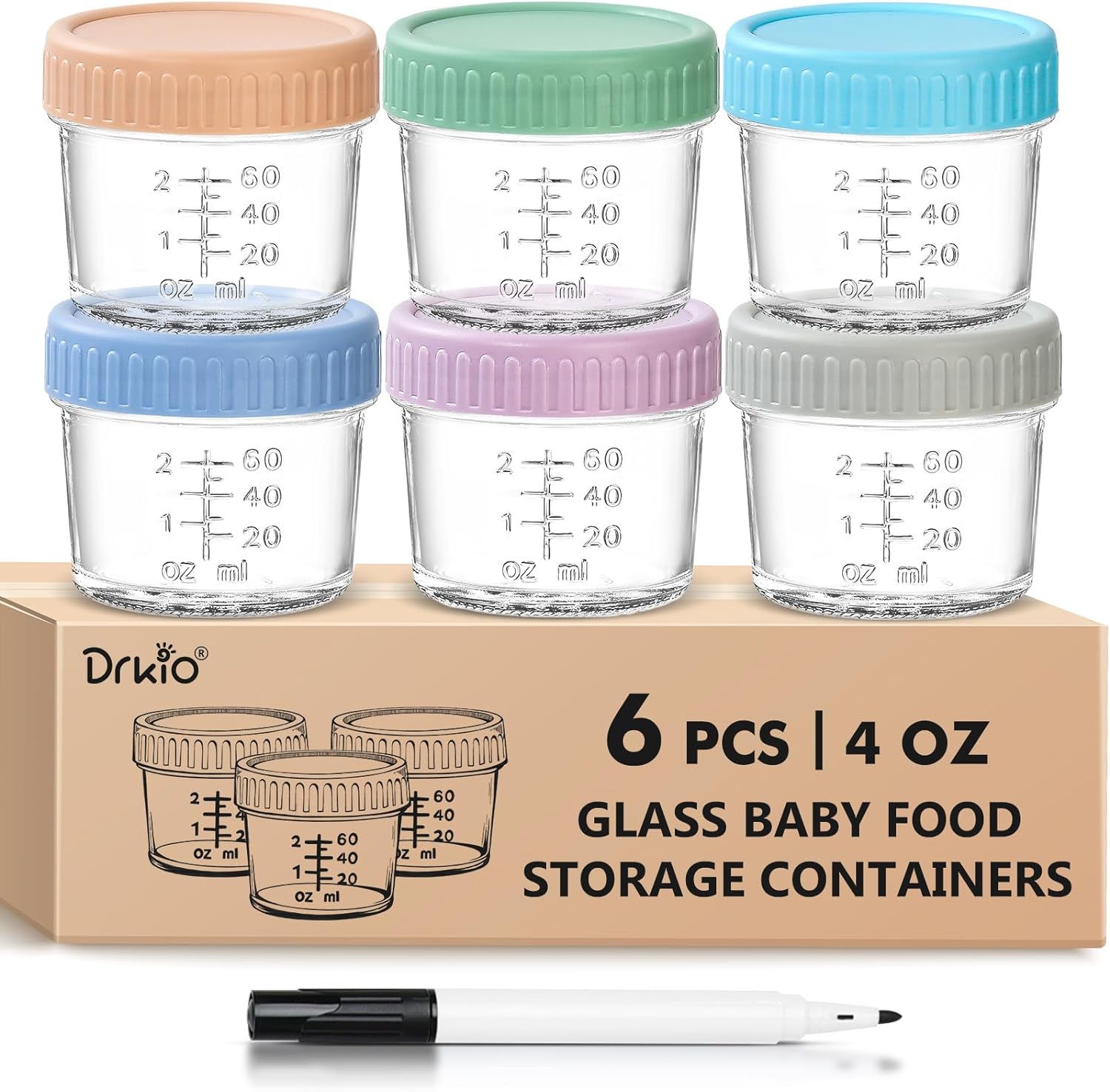 DRKIO 6 Pack Glass Baby Food Containers - 100% Leak Proof