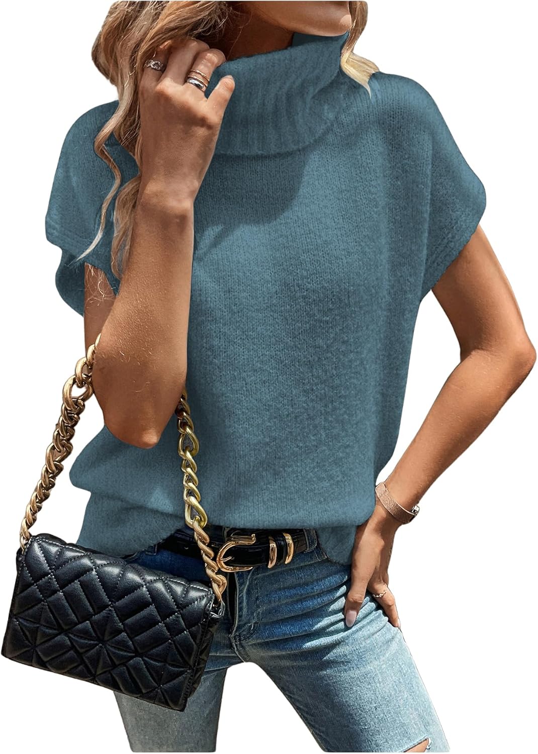 WDIRARA Women's Turtleneck Cap Sleeve Sweater Vest Pullover