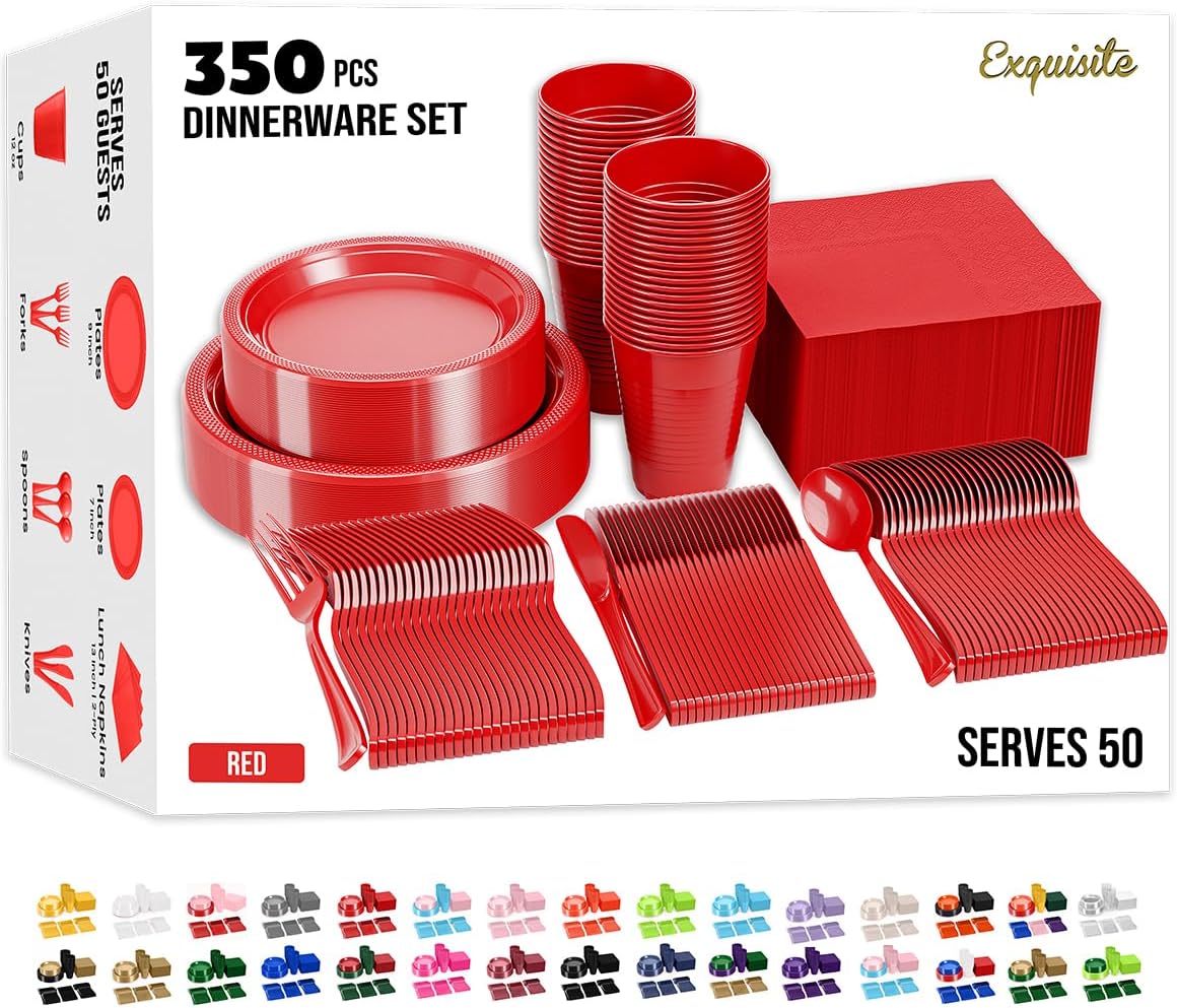 350 Pcs Red Plastic Plates Set for Parties and Gatherings