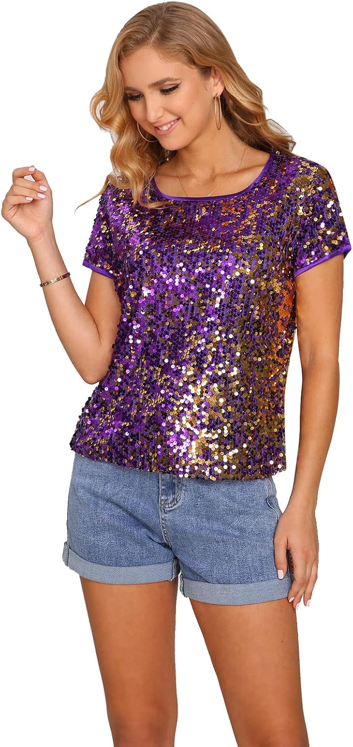 Womens Full Sequin Sparkle Tops for Disco Party and Nights Out