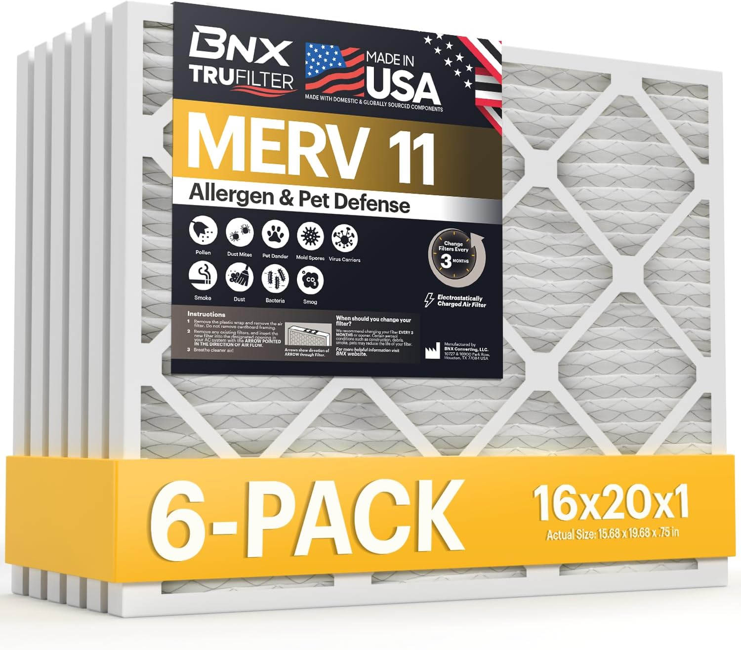 BNX TruFilter 16x20x1 Air Filter MERV 11 for Cleaner Air