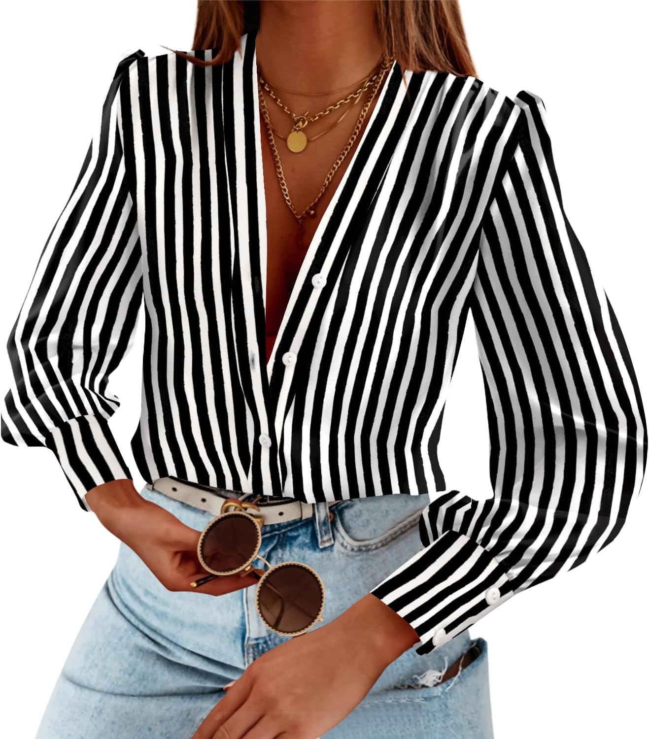 Women's Business Casual Tops Long Sleeve V Neck Chiffon Blouses