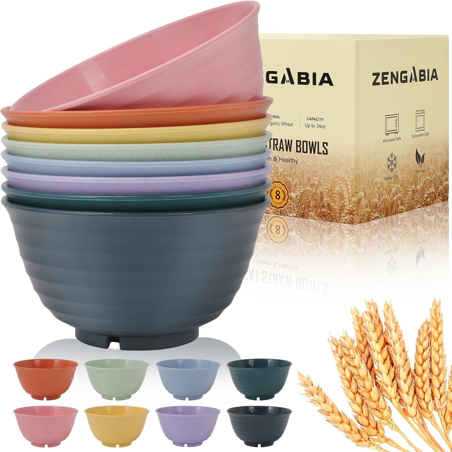ZENGABIA Set of 8 Wheat Straw Bowls, 34oz BPA-Free - Eco-Friendly & Unbreakable!