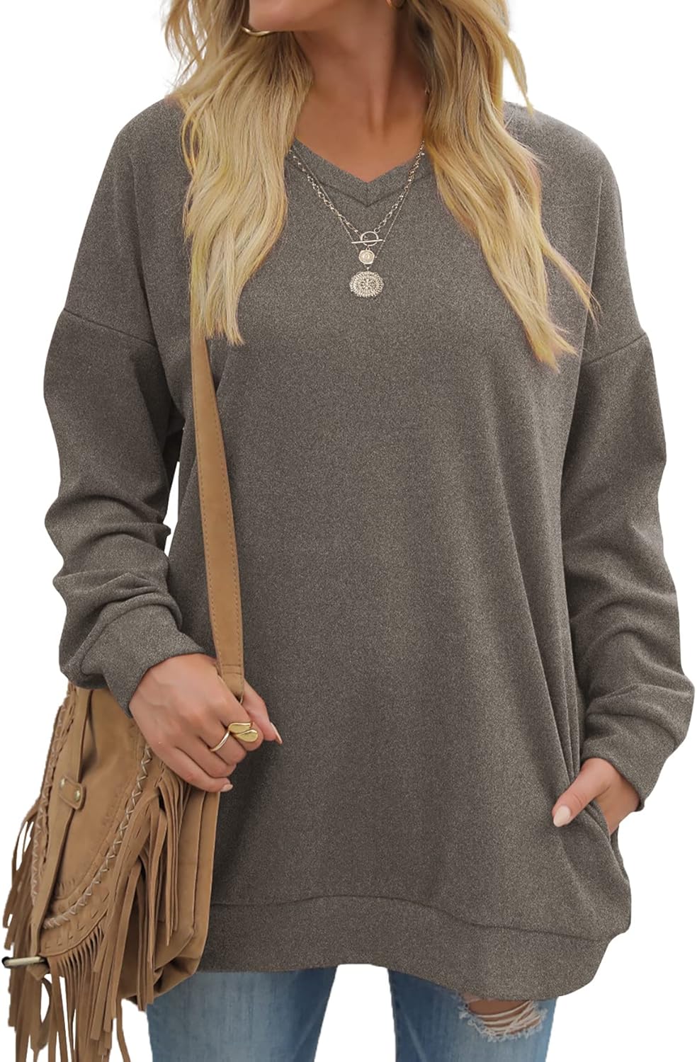 OFEEFAN Women's Oversized V Neck Sweatshirt with Pockets