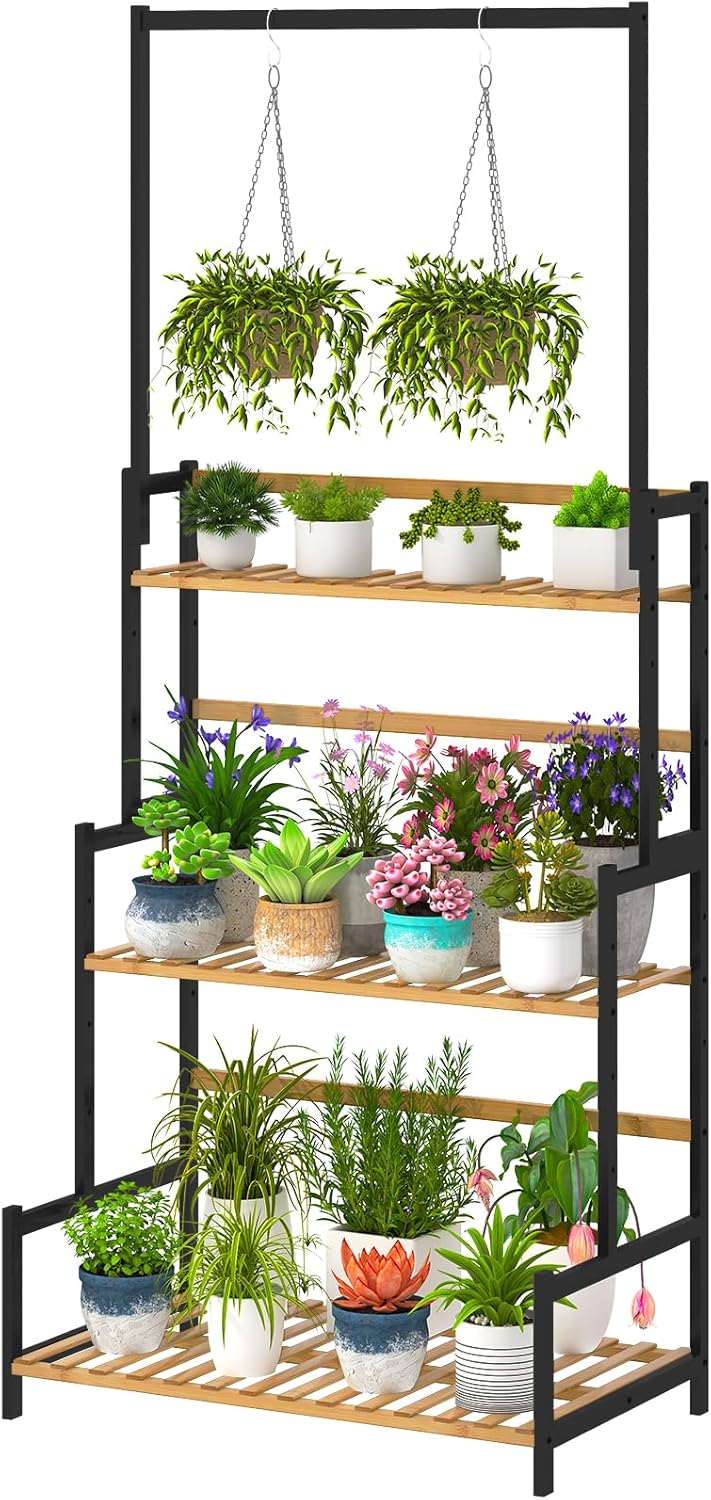 Ufine Bamboo Hanging Plant Stand 3 Tier Ladder Shelf Organizer