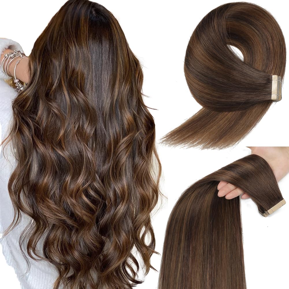 Tape in Hair Extensions Human Hair, Balayage Dark to Chestnut